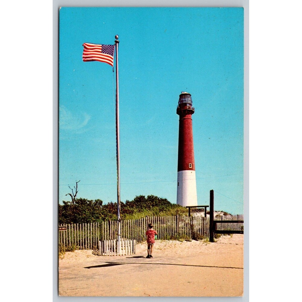 Vintage Postcard New Jersey Barnegat Light American Flag Child Lighthouse c1960s